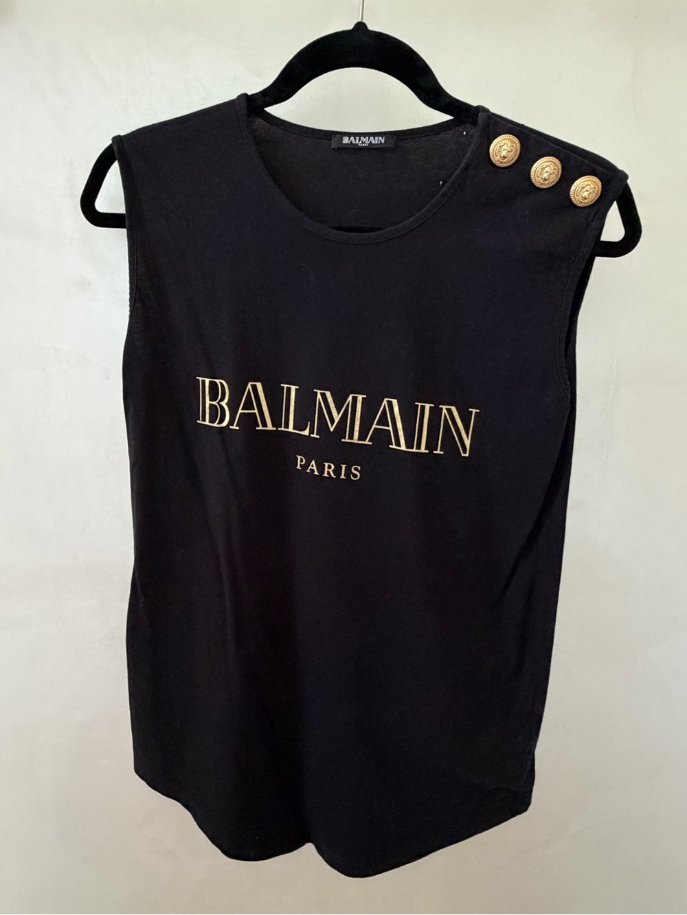 Balmain Black Sleeveless Logo Tank with Gold Buttons